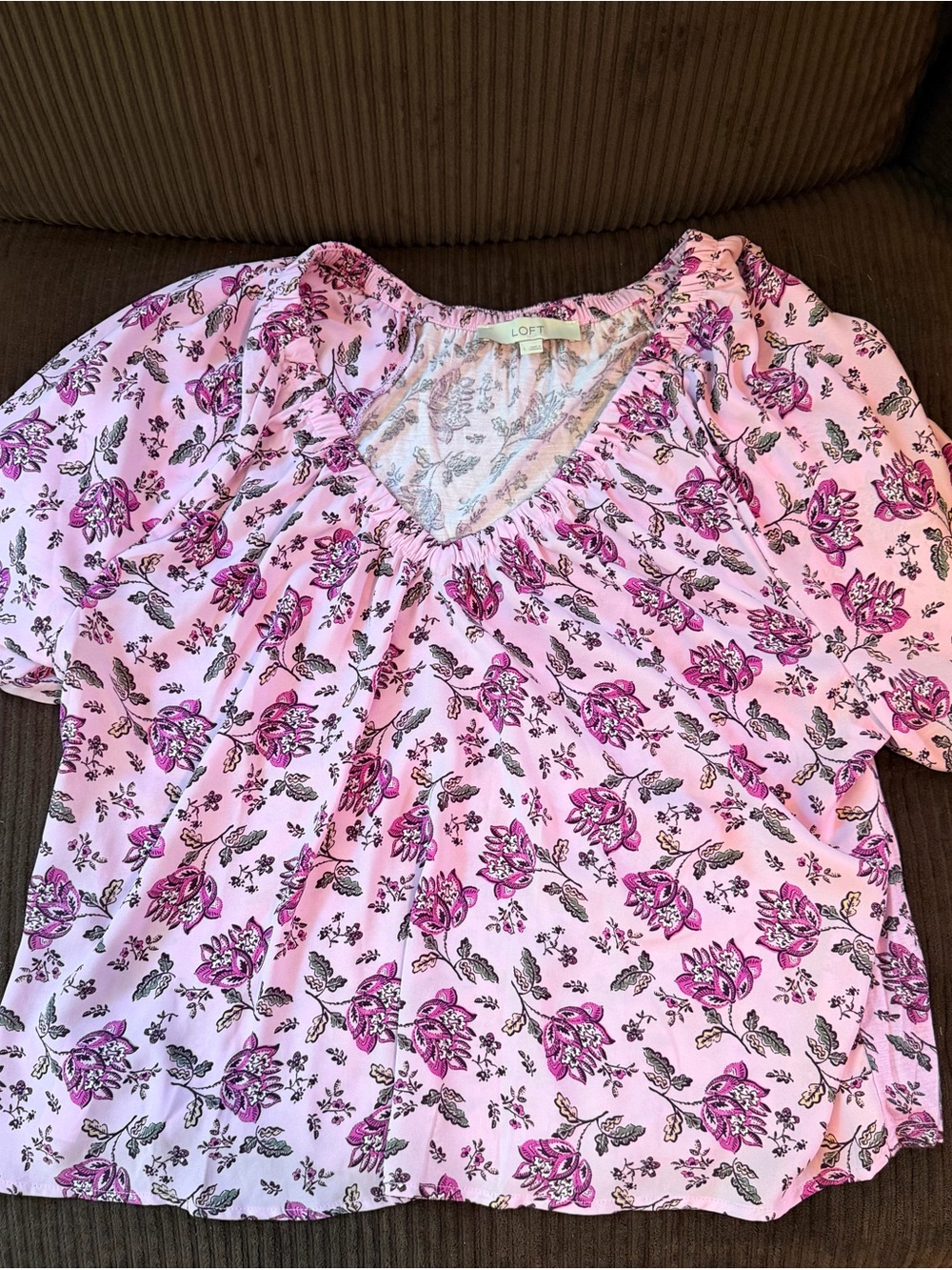 LOFT Pink Floral Peasant V-Neck Blouse